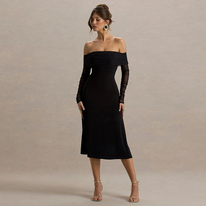 Damen elegantes schulterfreies Midikleid mit Rüschendetails und transparenten Ärmeln Drune