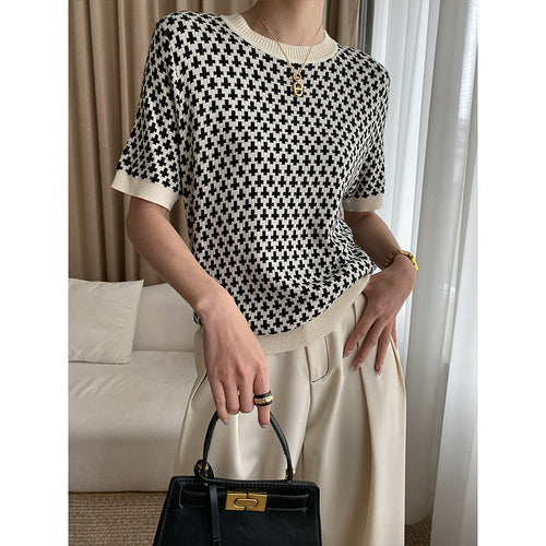 Damen Modischer Kurzarm-Pullover mit grafischem Muster Drune