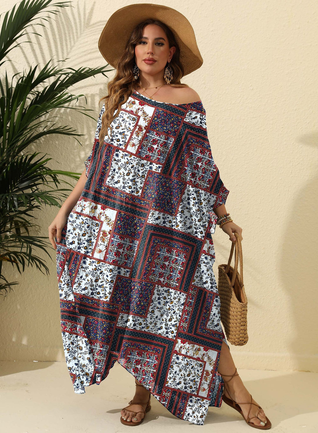 Damen luftiges Maxikleid mit farbenfrohem Patchwork-Design Drune