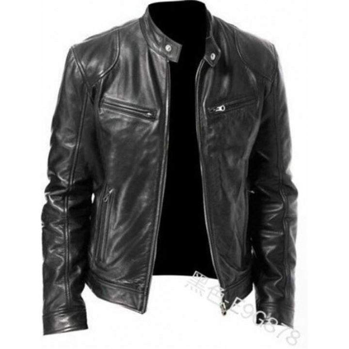 Herren nan schlanke Echtleder-Bikerjacke mit Stehkragen, zwei Brust-Reißverschlusstaschen und geradliniger Silhouette Drune