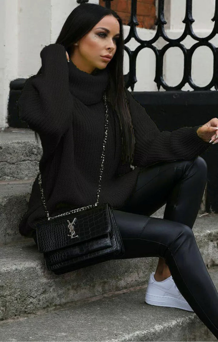 Damen Oversized Pulli mit hohem Kragen und Struktur Drune