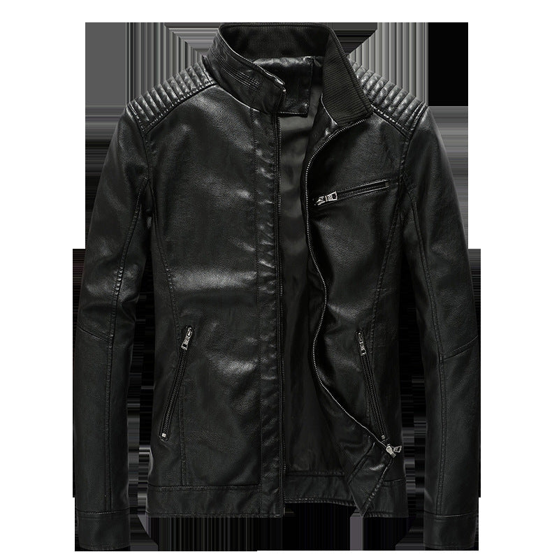 Herren Kunstleder-Motojacke mit Stehkragen, Schultersteppungen und Reißverschlusstaschen Drune