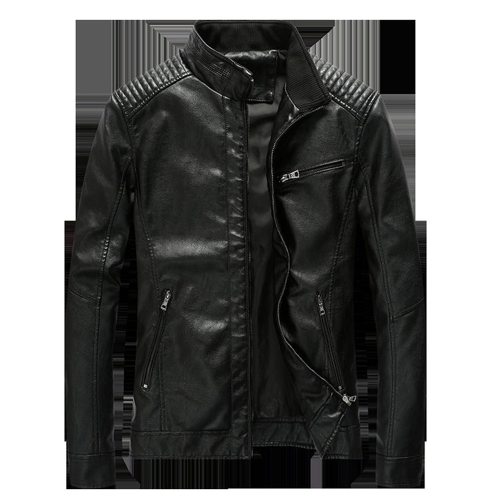 Herren Kunstleder-Motojacke mit Stehkragen, Schultersteppungen und Reißverschlusstaschen Drune