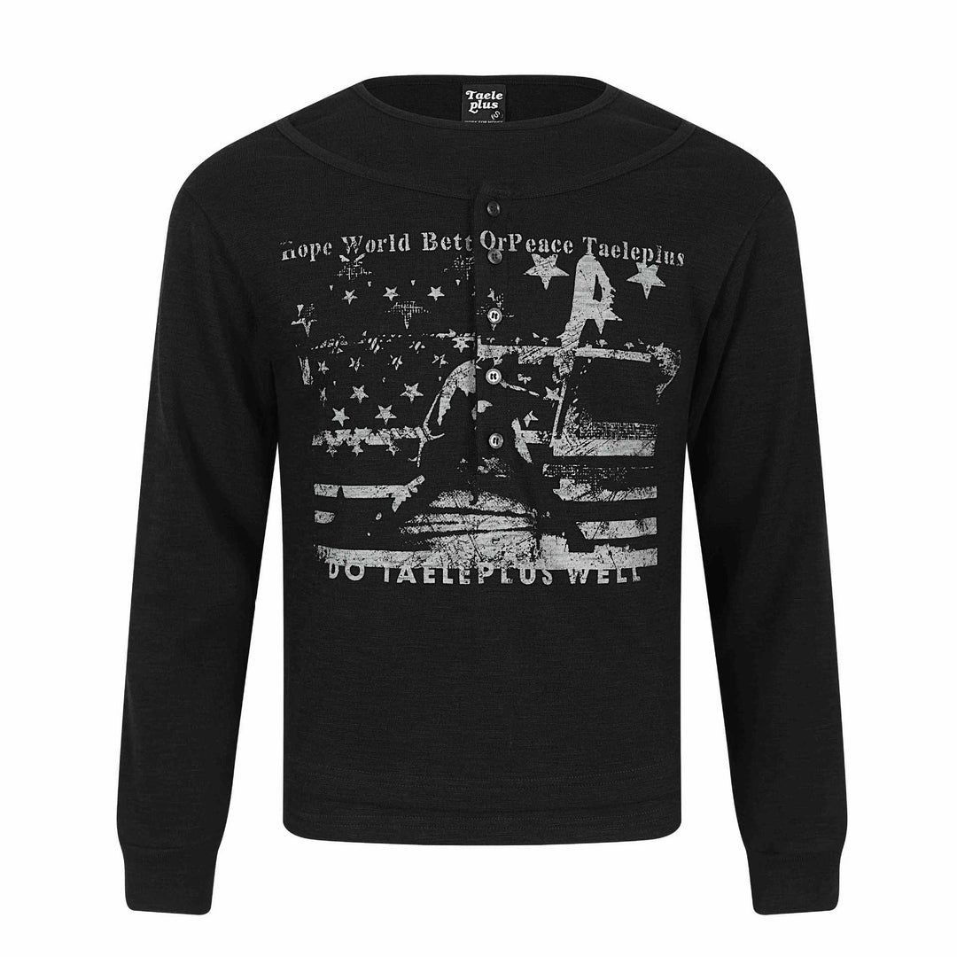 Herren Langärmeliges Henleyshirt mit vintage-Print und Knopfleiste Drune