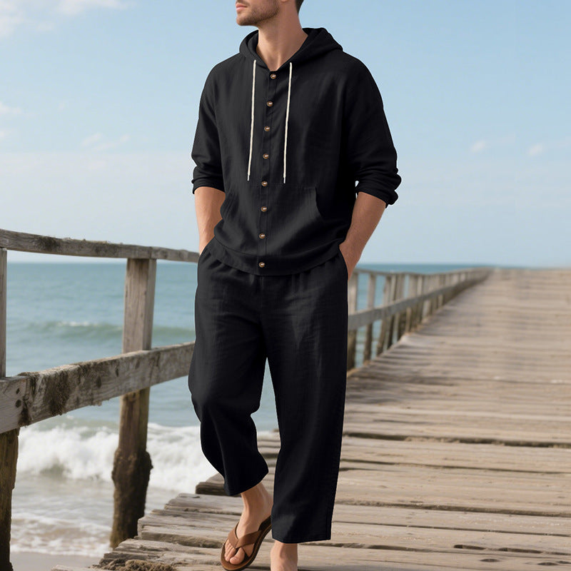 Herren nan legeres Leinen-Baumwoll-Ensemble mit Kapuzen-Oberteil und durchgehender Knopfleiste, Kängurutasche und knöchellanger weiter Hose Drune