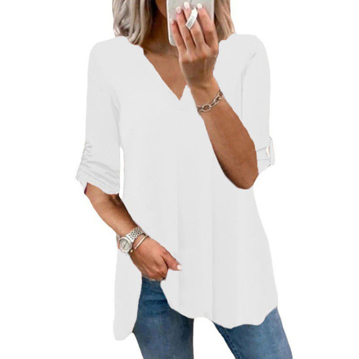 Damen lässiges V-Ausschnitt T-Shirt mit Rüschendetail Drune