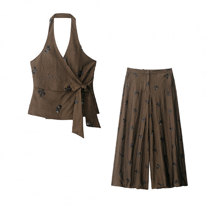 Damen 40+ weite Palazzo‑Culotte mit floraler Paillettenbestickung Drune
