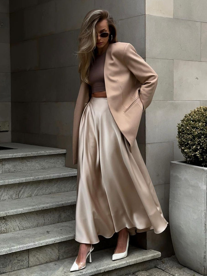 Damen Elegantes Satin-Maxikleid mit schwingendem Rock Drune