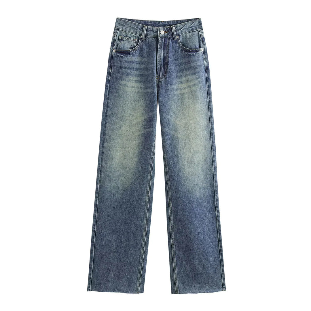Damen nan hochgeschnittene weite Denimjeans mit geradem Bein und Fransensaum Drune