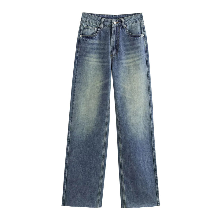 Damen nan hochgeschnittene weite Denimjeans mit geradem Bein und Fransensaum Drune