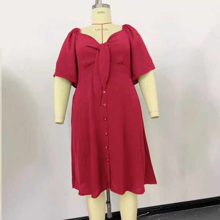Damen A-Linien Midikleid mit Knoten-Detail, Puffärmeln und Knopfleiste Drune