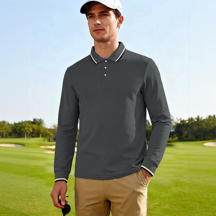Herren Golf-Performance-Poloshirt langärmlig atmungsaktiv mit Kontrastkragen Drune