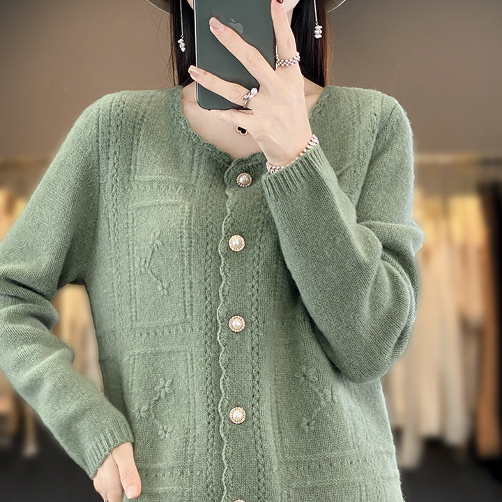 Damen Verzierter Strickcardigan mit Perlenknöpfen und Ajour‑Stickerei Drune