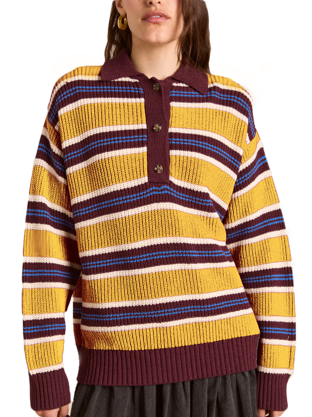 Damen Oversize Strickpullover mit Polokragen & mehrlagigem Streifenrelief Drune