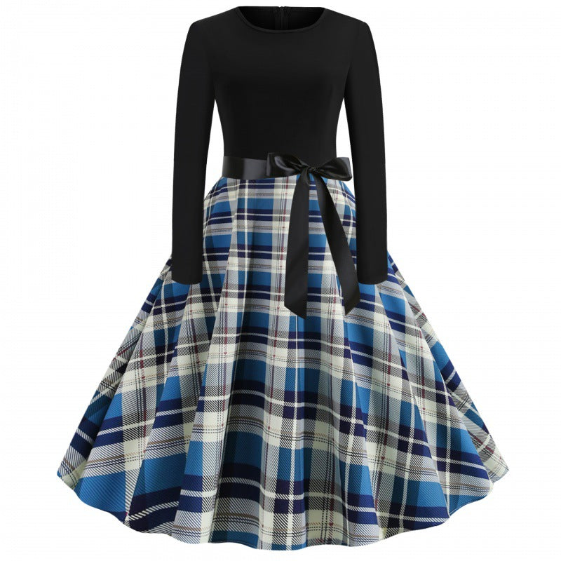 Damen Vintage Tellerrockkleid mit Karo-Tellerrock, figurbetontem Langarmoberteil und Satinschärpe Drune
