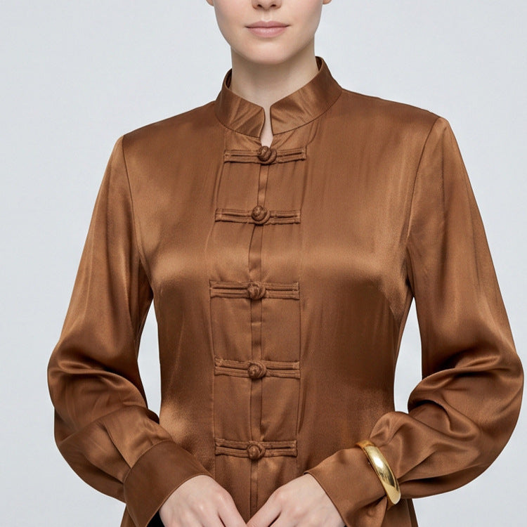 Damen Maxikleid mit Stehkragen, traditionellem Knotenverschluss und Ballonärmeln Drune
