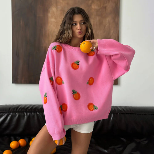Damen Oversized Pullover mit bunten Stickdetails Drune