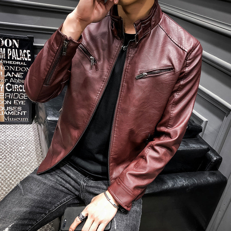 Herren Slim-Fit Kunstleder‑Racerblouson mit Stehkragen und Reißverschluss‑Brusttaschen Drune