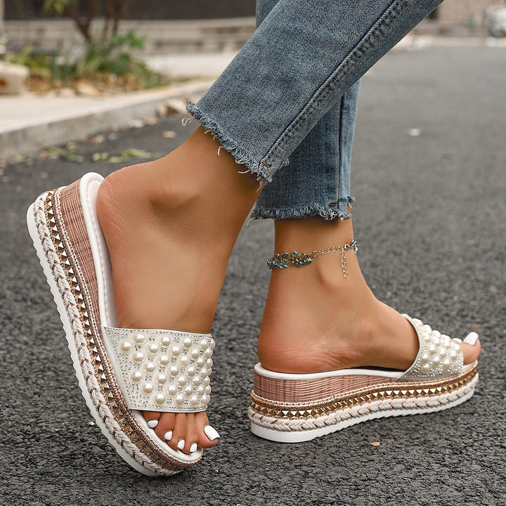 Damen Elegante Wedge-Pantoletten mit Perlenverzierungen und rutschfester Sohle Drune
