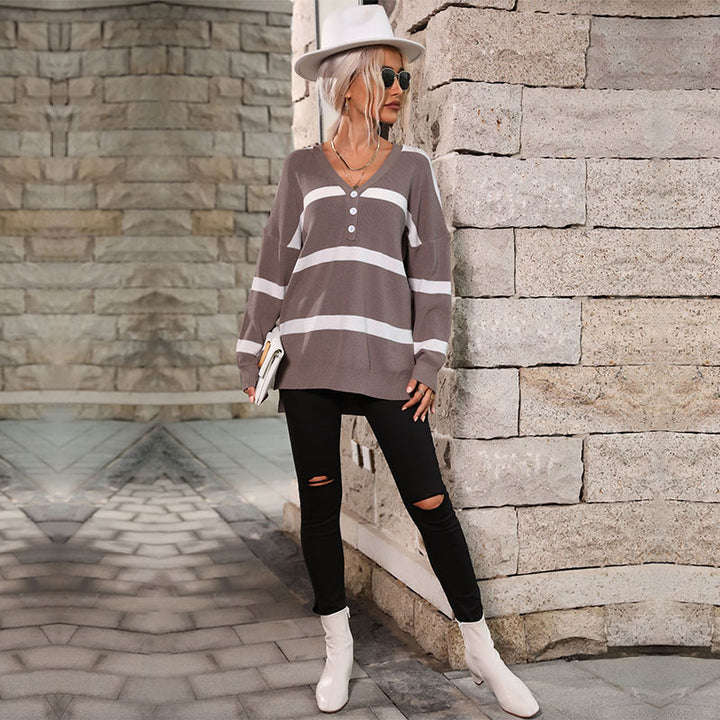 Damen Oversize V-Ausschnitt Strickpullover mit Knopfleiste und Blockstreifen Drune