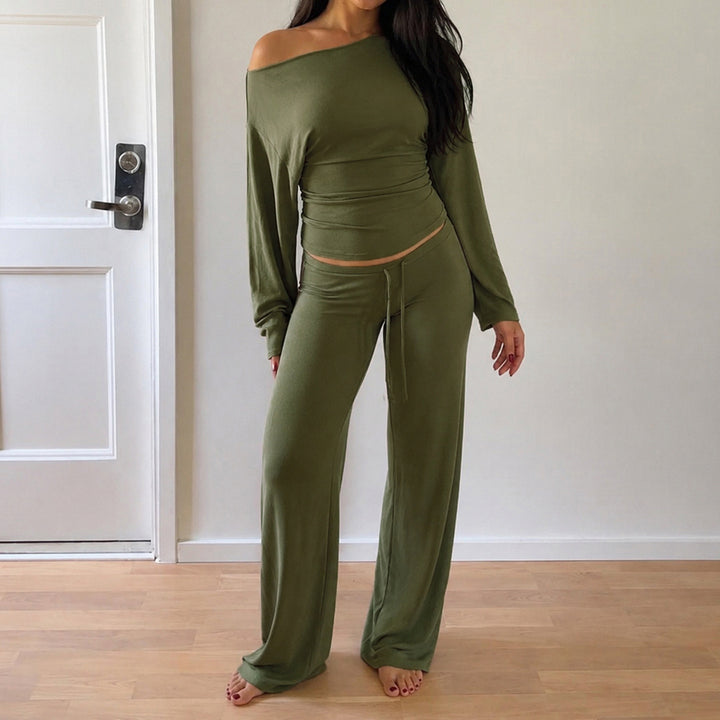 Damen Lounge-Set mit Off-Shoulder-Stretchtop und weiter Kordelbundhose Drune