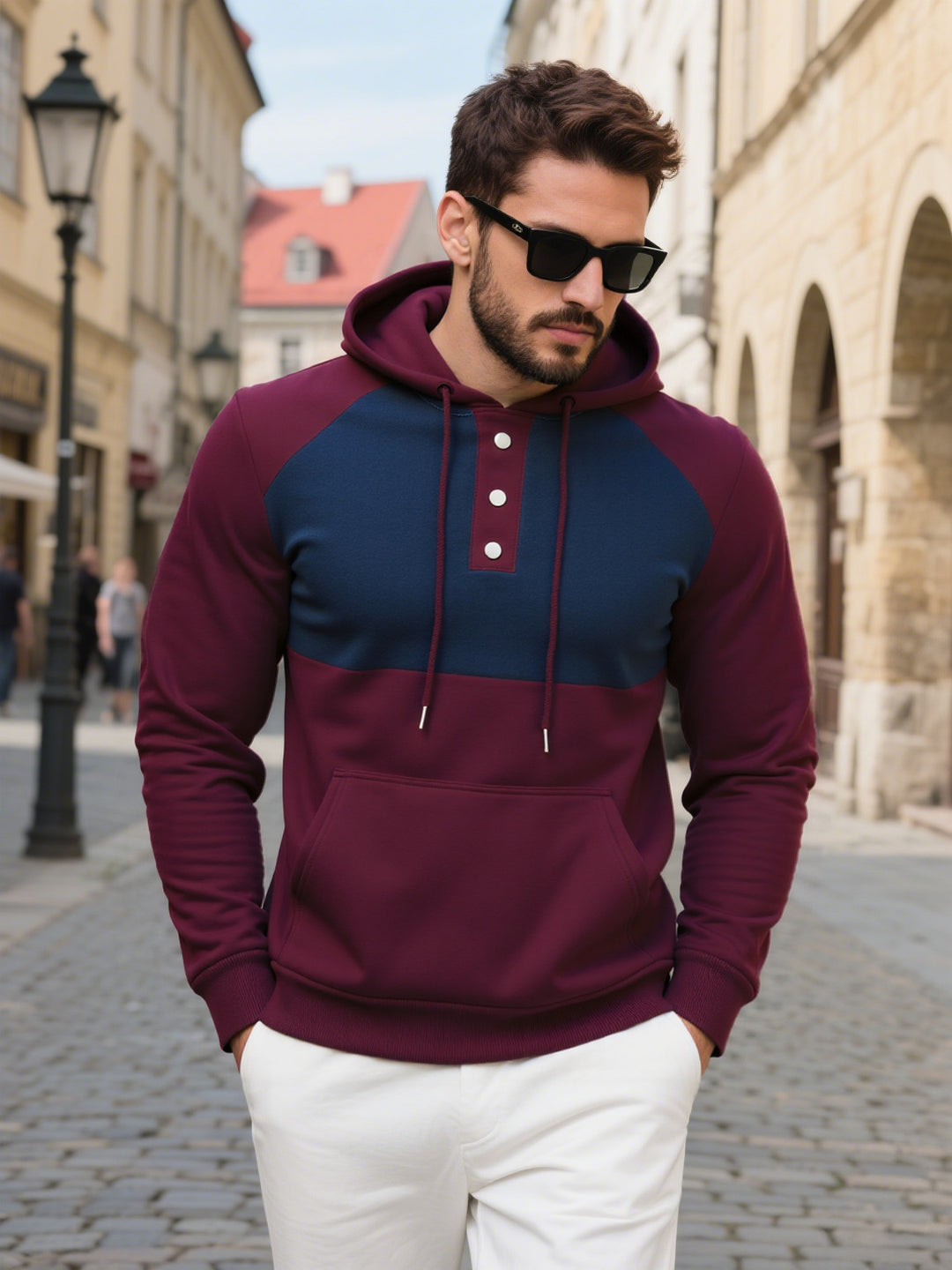 Herren modischer Hoodie mit Knopfleiste und farblich abgesetzten Ärmeln Drune
