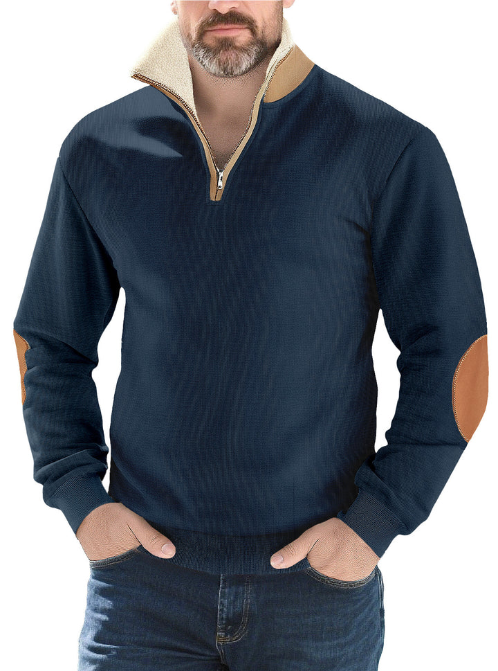 Herren nan Strukturstrick-Halbzipppullover mit wärmendem Sherpa-Kragen und Velours-Ellenbogenapplikation Drune