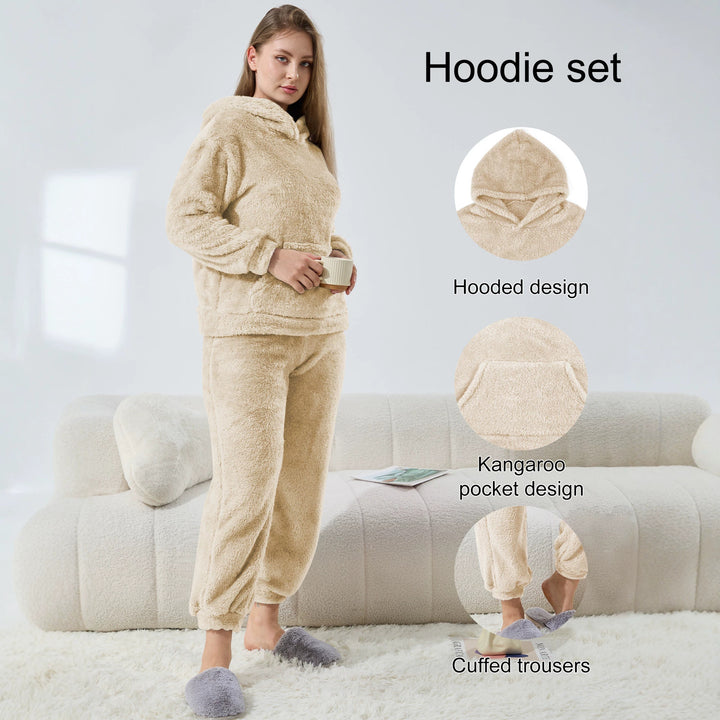 Damen Kuscheliges Teddy-Fleece Lounge-Set mit Kapuze und Kängurutasche Drune