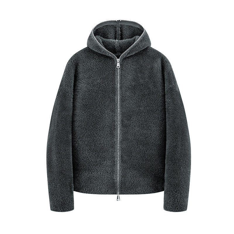 Damen Kurz geschnittene Teddy-Fleece-Kapuzenjacke mit Metall-Reißverschluss Drune