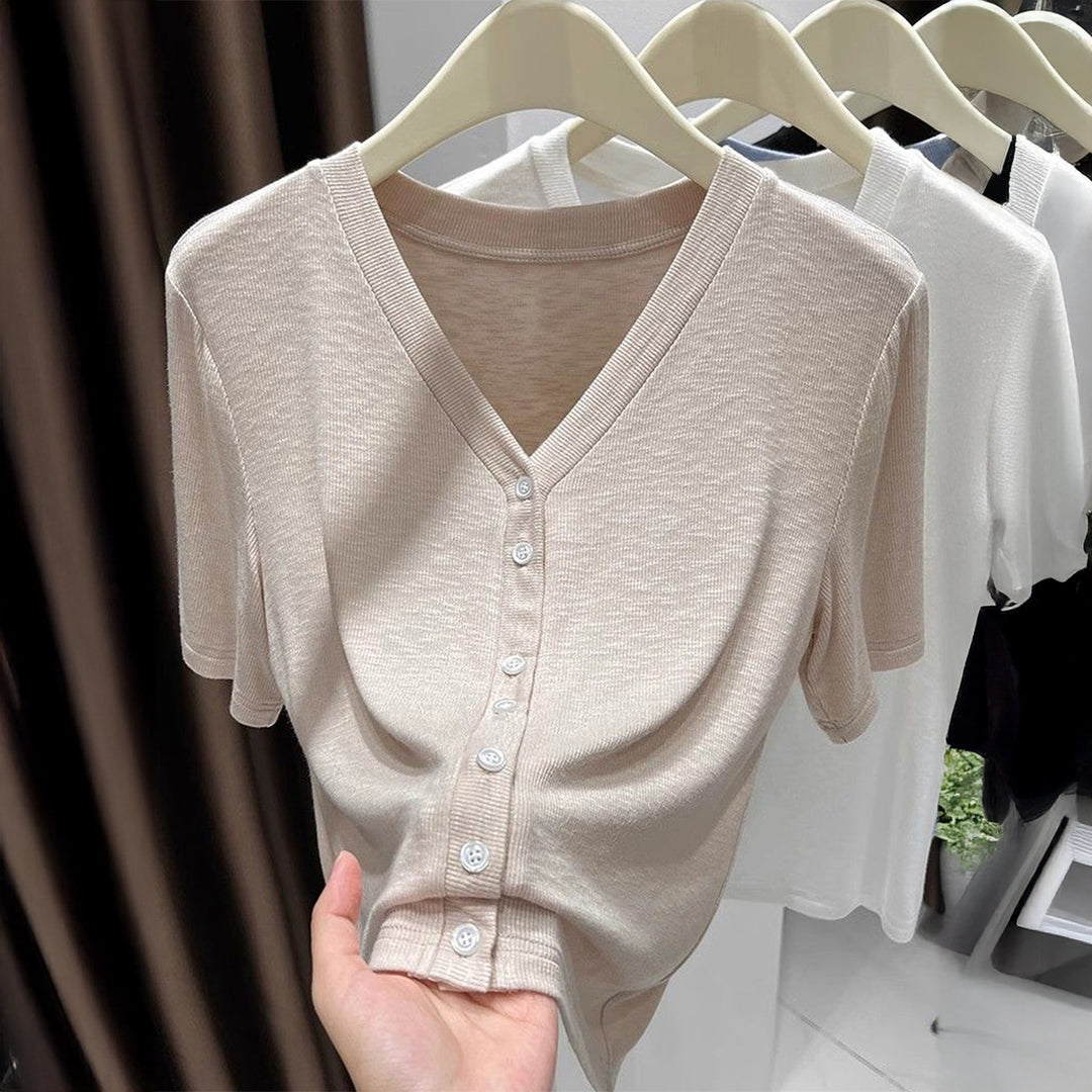 Damen Leichtes Wickeloberteil mit knopfverzierte Front Drune