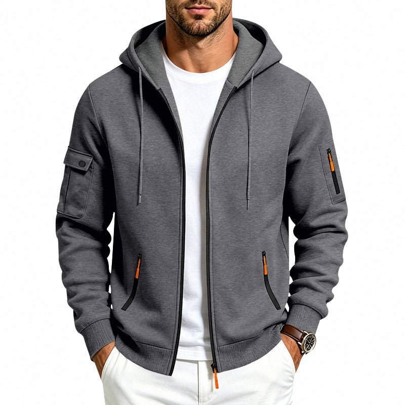 Herren Kapuzen-Reißverschlussjacke mit Ärmeltaschen, Kontrast-Zipper und Rippbündchen Drune