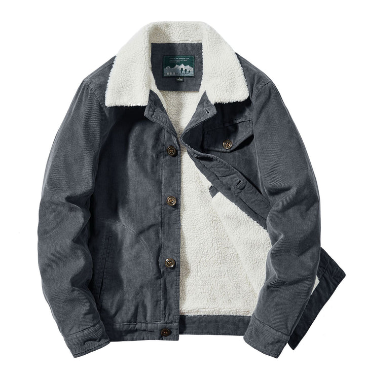 Herren Cord-Truckerjacke mit durchgehendem Sherpa‑Futter und Hemdkragen Drune