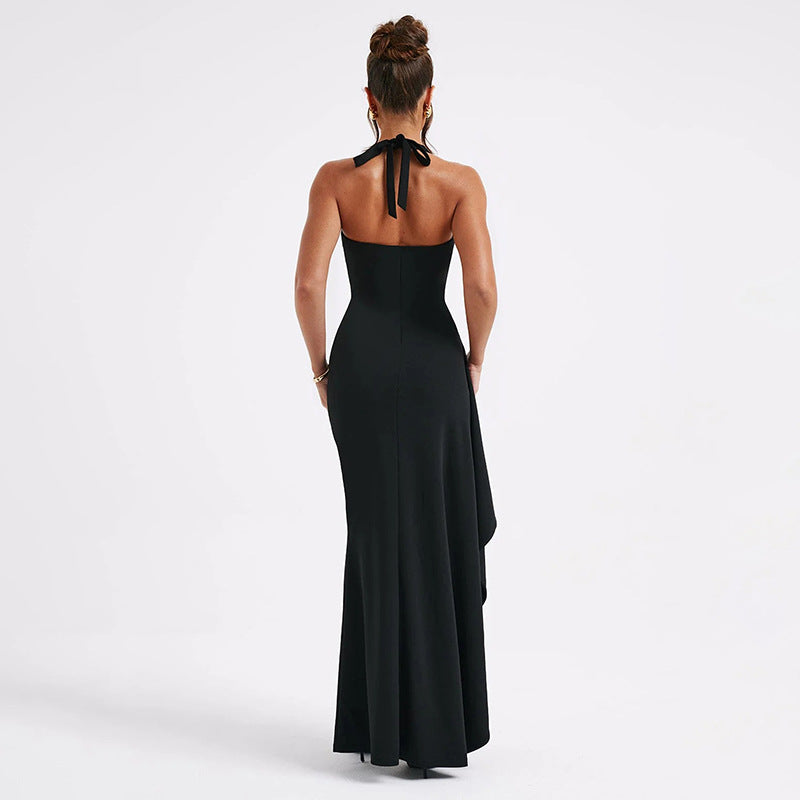 Damen Elegantes Maxikleid mit tiefem V-Ausschnitt und asymmetrischer Drapierung Drune