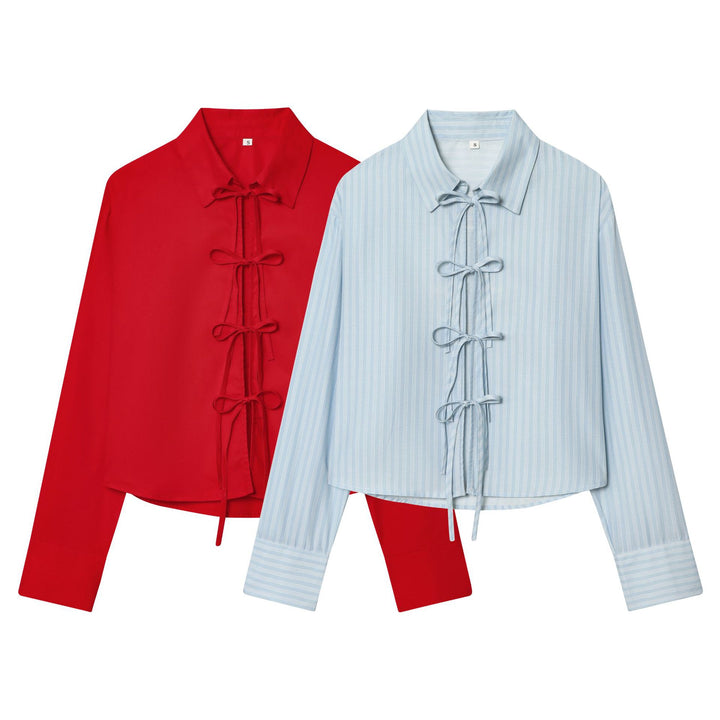 Damen nan gestreifte Bluse mit Krawatten-Front, Hemdkragen und weitem Manschettenärmel Drune