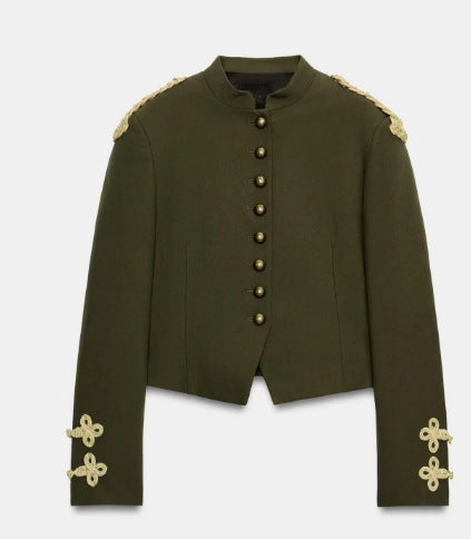 Damen Taillierter Cropped Militärblazer mit Stehkragen und goldverzierten Epauletten Drune