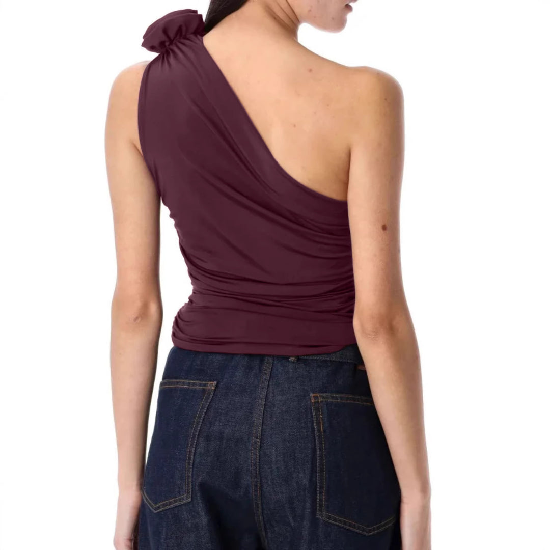 Damen asymmetrisches Top mit Raffungen und floralem Detail Drune