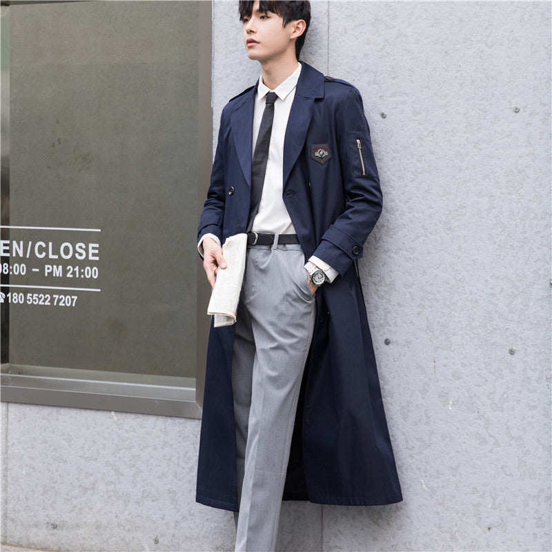 Herren Lange taillierte Trenchcoat-Jacke mit Reißärmeltasche, Wind- und Wasserabweisend Drune