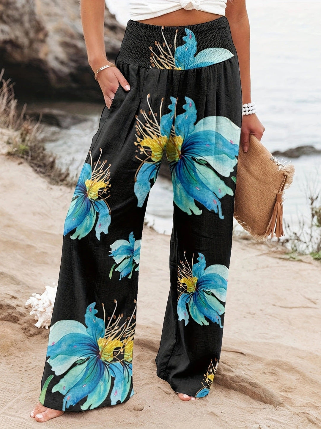Damen Weit geschnittene Strandhose mit floralem Motiven und elastischem Bund Drune