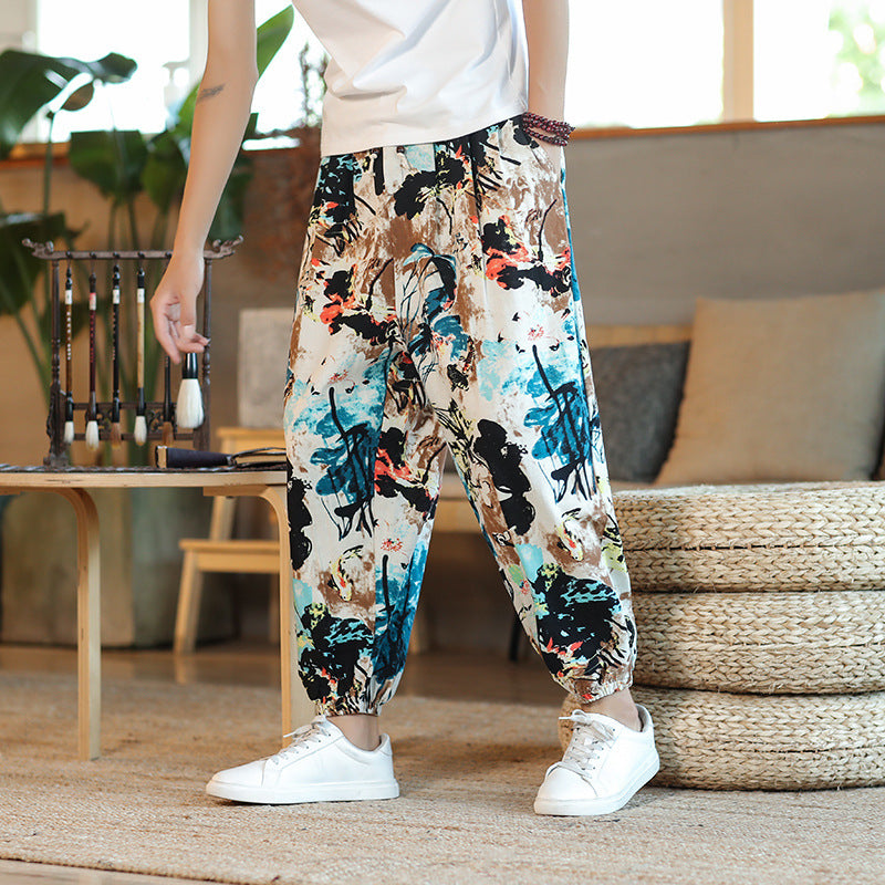 Herren Weite Haremshose im Boho-Print mit elastischem Tunnelzug und gekräuseltem Knöchelbund Drune