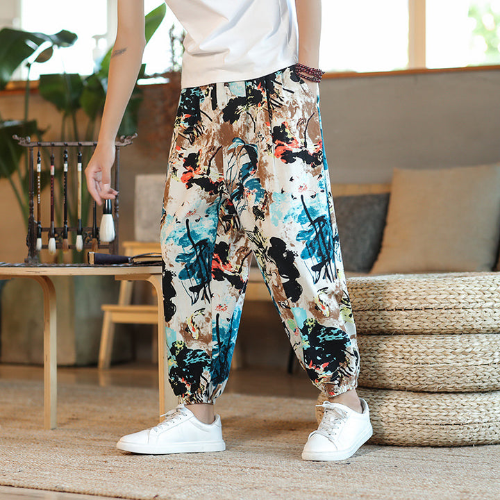 Herren Weite Haremshose im Boho-Print mit elastischem Tunnelzug und gekräuseltem Knöchelbund Drune