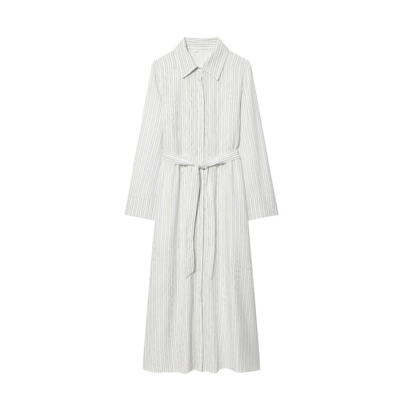 Damen Langes Hemdblusenkleid mit Taillengürtel und durchgehender Knopfleiste Drune