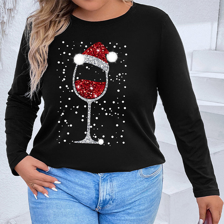 Damen Langarmshirt mit funkelndem Weihnachts-Weinglas-Print Drune