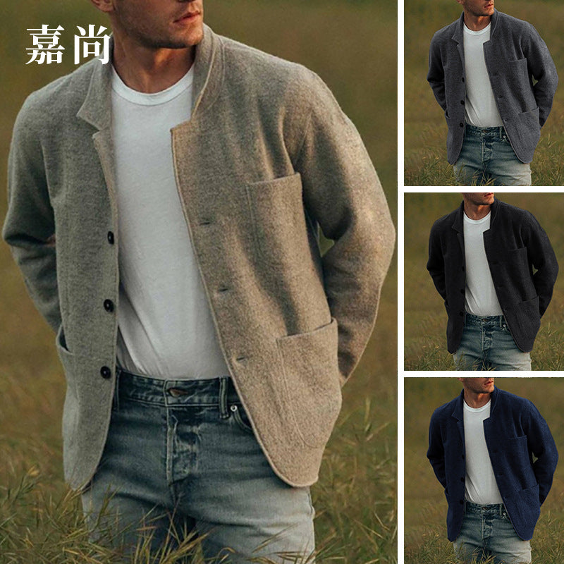 Herren Unstrukturierter Wollmix-Cardigan-Blazer mit Knopfleiste und aufgesetzten Taschen Drune