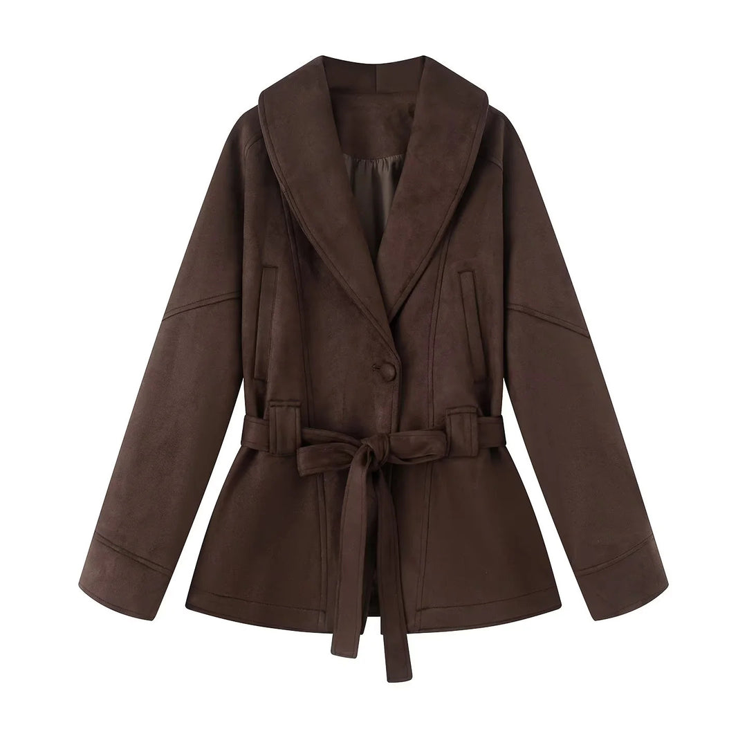Damen nan kurzer Veloursoptik-Mantel mit Schalkragen, Bindegürtel und Eingrifftaschen Drune