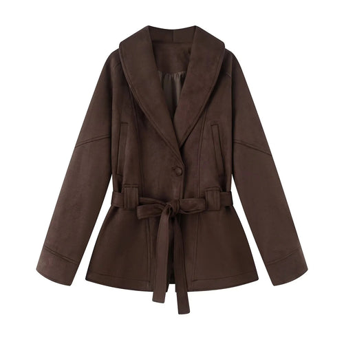 Damen nan kurzer Veloursoptik-Mantel mit Schalkragen, Bindegürtel und Eingrifftaschen Drune