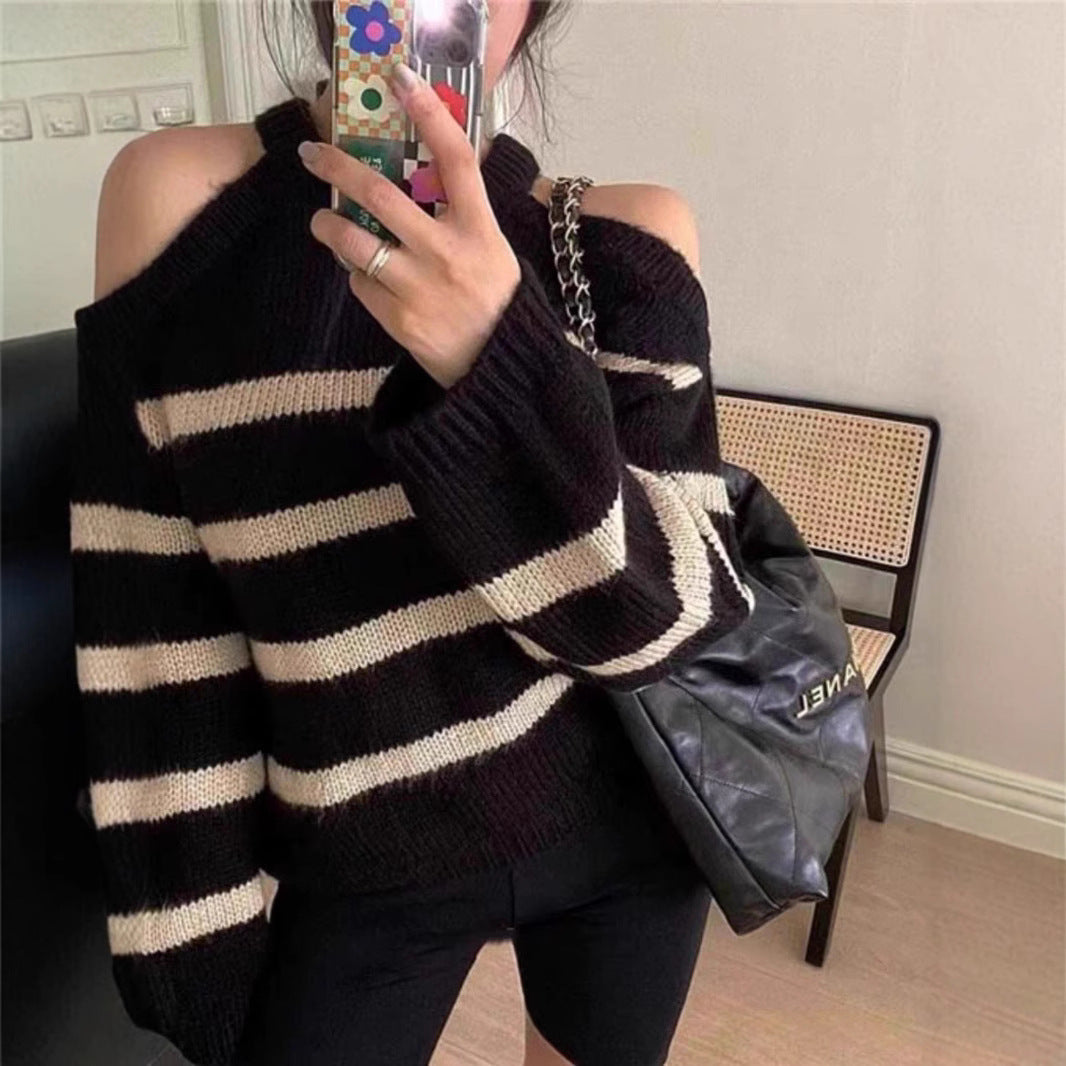 Damen Oversized Pullover mit offenem Schulterdesign und Streifenmuster Drune
