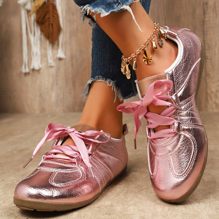 Damen Sportliche Sneaker mit glänzendem Metallic-Obermaterial und bequemer Schnürung Drune