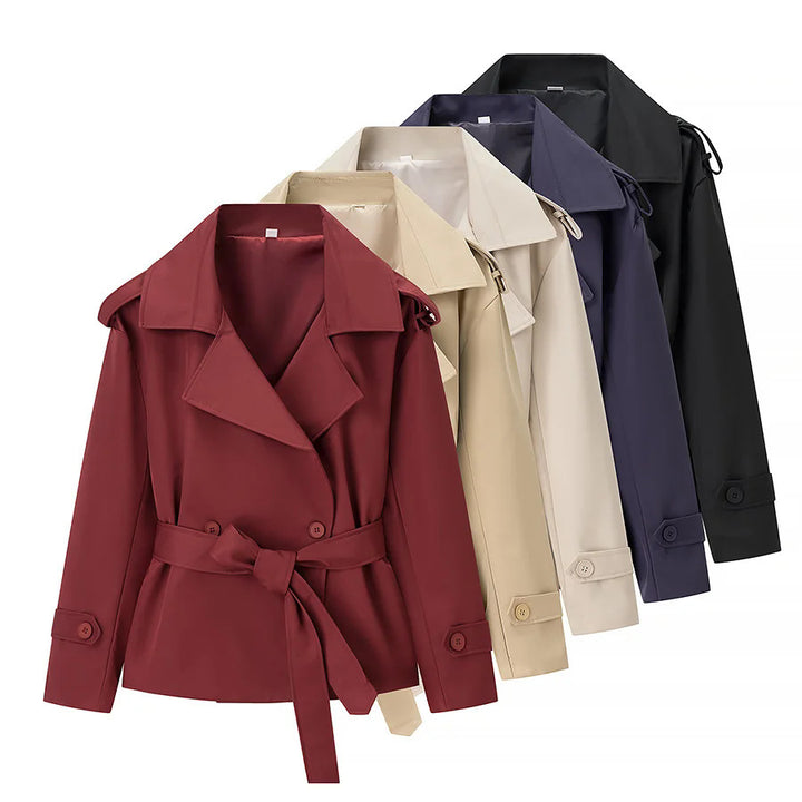 Damen nan kurzer taillierter Trenchcoat mit weitem Revers, Schulterklappen und Bindegürtel Drune