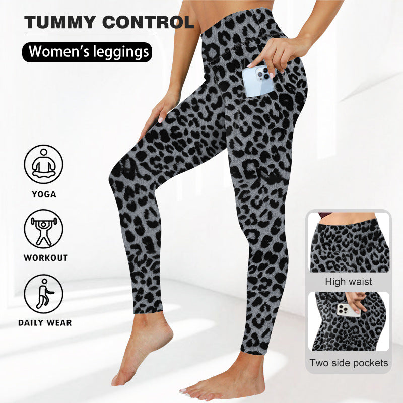 Damen High-Waist Sculpting-Leggings mit Leopard-Design, formender Bauchkontrolle und Seitentaschen Drune