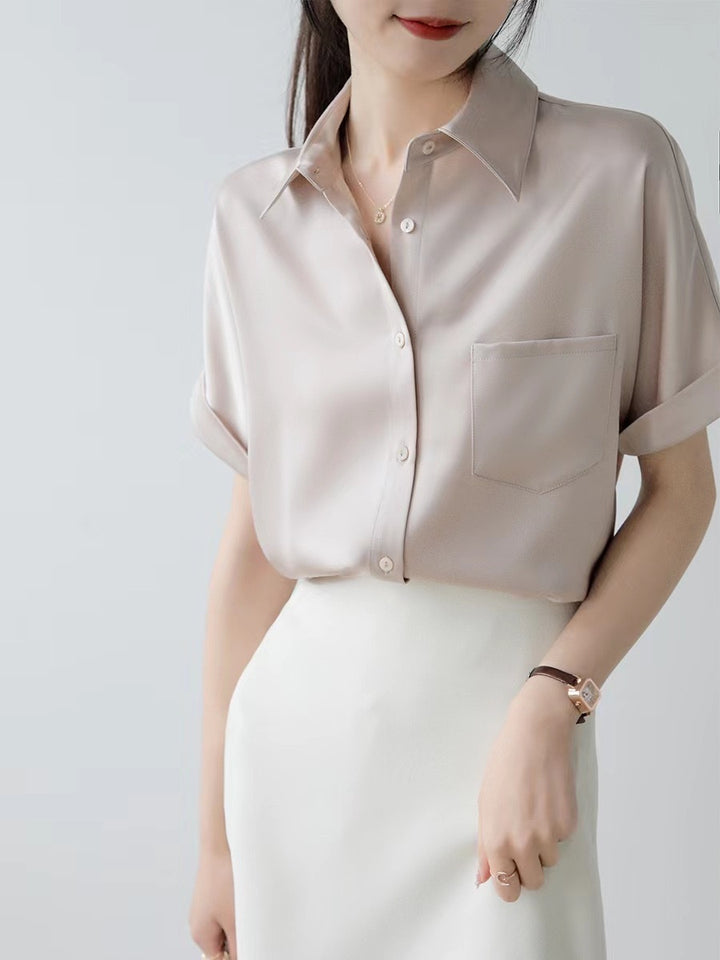 Damen Satinbluse mit modernem Kragen und eleganten Rollärmeln Drune